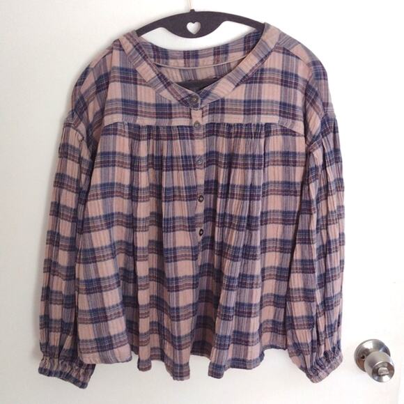 Free People Jessi Plaid Top Grey Combo Balloon Sleeves Oversized Size XS Cotton - Picture 4 of 15